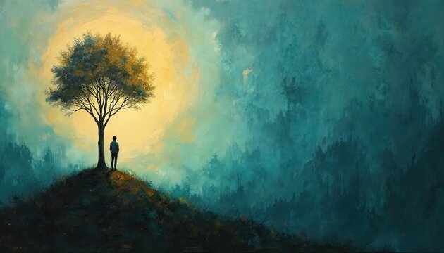 Illustration. Silhouette of man stands near big tree on top of hill. Backlit sun. Concept of journey from trauma to healing, recovery. Symbolic image of struggle, resilience, hope, transformation.