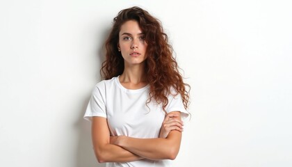 Fototapeta premium Young brunette woman with curly hair poses with arms crossed near white wall. Girl looks confident, determined standing her ground in blank studio. Concept of feminine strength and individuality.