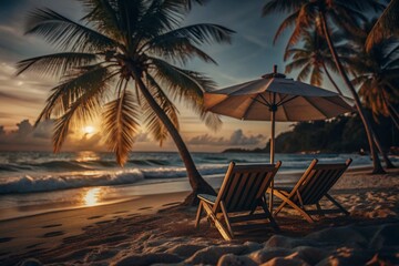 Beach chaise longue and umbrella, on white sand by the ocean or sea with shadows. Sunlight. The concept of the sea, beach holidays and resorts.