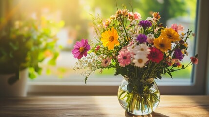 Fototapeta premium Bouquet of mixed seasonal flowers on a wooden table, natural light coming in through a window generative ai