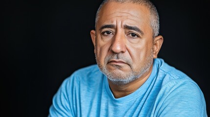 Obraz premium A man sits pensively, his expression contemplative as he gazes into the distance. He wears a light blue shirt, with a hint of gray in his beard, surrounded by a dark backdrop