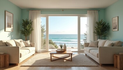 Fototapeta premium Bright living room with ocean view through large windows. Modern design features comfortable sofas, light walls, wood accents. Interior filled with furniture, indoor plants, decor. Relaxation,