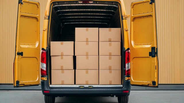 Delivery van interior showing yellow vehicle, packed cardboard boxes filling cargo space, preparing for logistics transport last-mile video 4k