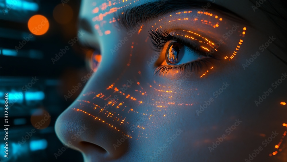 Poster futuristic eye close-up of a woman with glowing facial patterns symbolizing innovation and creativit