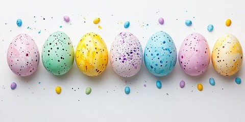 Watercolor-styled Easter eggs in bright pastel shades on a bright white background
