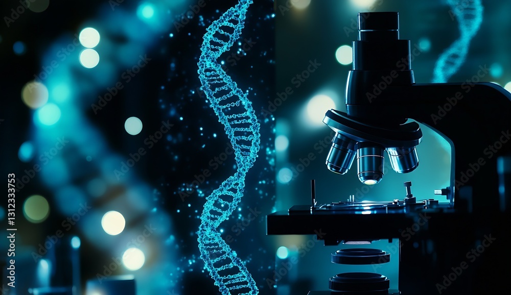 Fototapete Detailed close up of a microscope with glowing DNA strands in a scientific laboratory setting : Generative AI