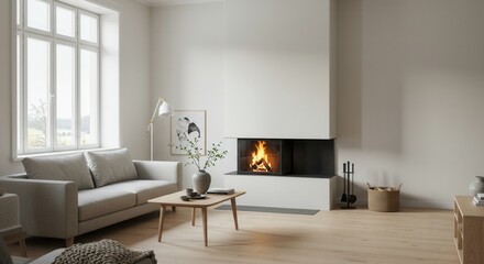 Fototapeta premium Cozy Living Room with Fireplace and Natural Light Interior Design