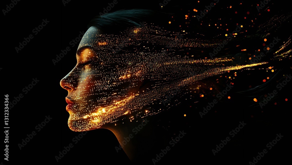 Aufkleber Breathtaking digital art portraying a woman’s profile with dynamic light trails and glowing particles for an enchanting effect : Generative AI