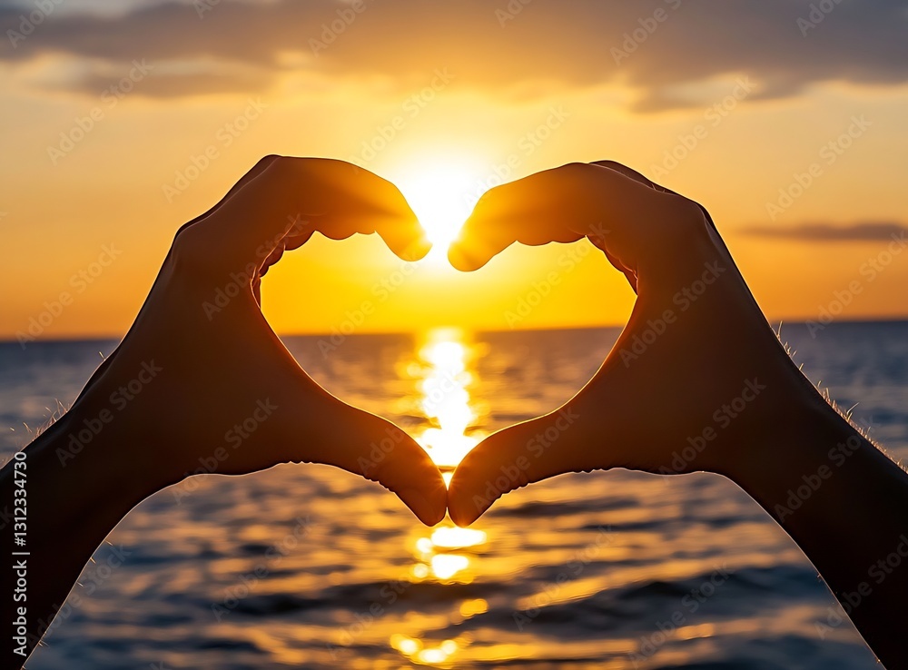 Aufkleber romantic sunset scene depicting hands forming heart shape against the backdrop of a glowing sun and 