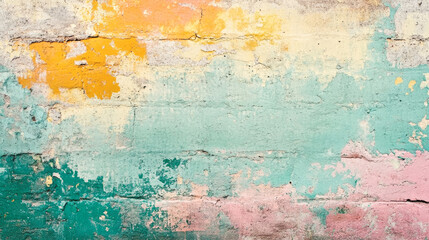 Obraz premium Colorful weathered wall texture with yellow, pink, and teal paint layers