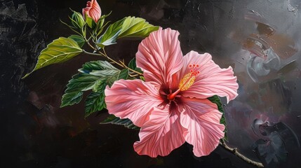 Pink Hibiscus Flower Painting on a Dark Background