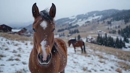 A brown horse stands close to the viewer, its muzzle dusted with snow, while another horse grazes at a distance. Snowflakes fall gently in a scenic winter setting with hills