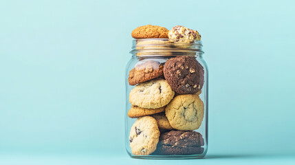 Assorted cookies in glass jar on light blue background
