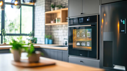 Modern smart kitchen with high-tech touchscreen oven and sleek interior design