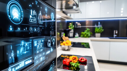 Smart kitchen interface with fresh vegetables and modern design