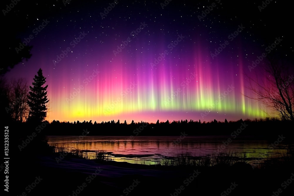Poster mesmerizing northern lights reflected upon a calm water surface surrounded by trees : generative ai