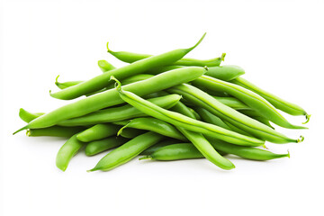 a pile of fresh green beans isolated on a white background with a clipping