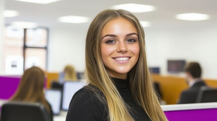 A smiling young woman sits confidently in an open-plan office filled with colleagues working at desks. The environment is bright and modern, showcasing a professional atmosphere
