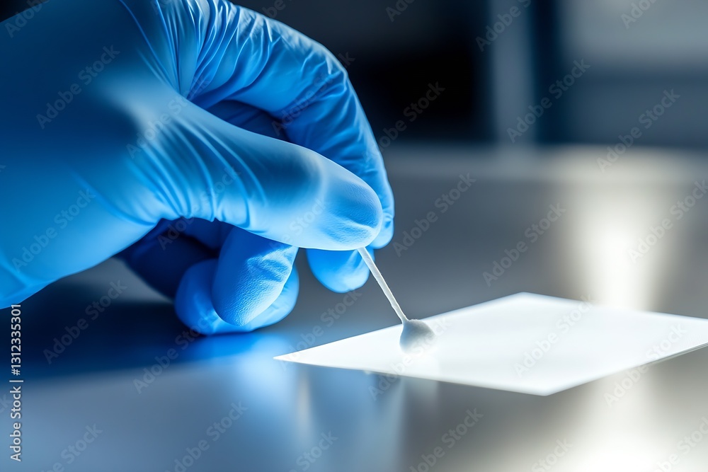 Poster medical professional using a cotton swab for sampling in a sterile lab environment with blue gloves 