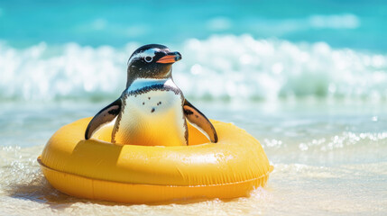 Penguin in yellow float ring on sunny beach