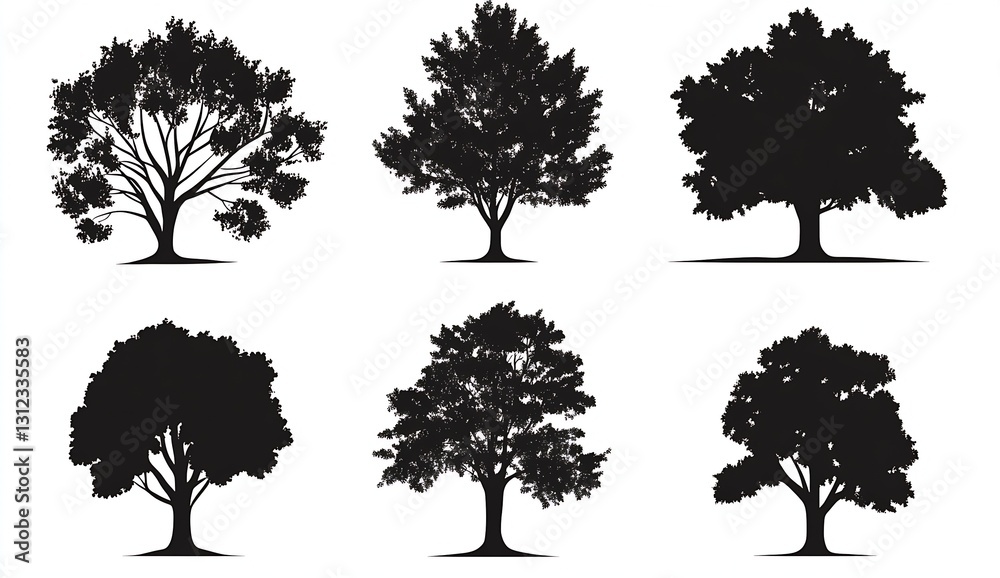 Poster collection of six tree silhouettes in various shapes perfect for creative designs : generative ai