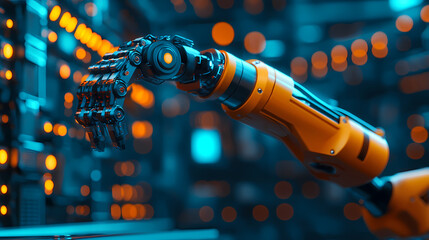 A futuristic robotic arm interacts with glowing technology in a high-tech environment, showcasing advancements in automation and robotics.