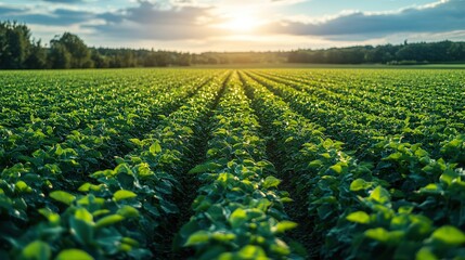 aerial perspective of a vibrant green soybean field under a clear blue sky