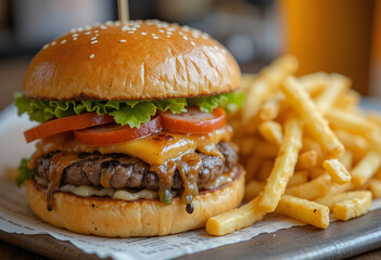 Delicious Fried Chicken Burger with Cheese, Lettuce, and Tomato – Perfect Meal