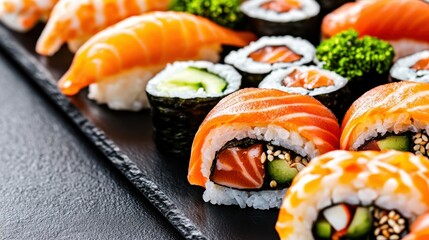 Colorful sushi rolls and sashimi are artfully arranged on a black plate, showcasing fresh ingredients like salmon, cucumber, and seaweed. Ideal for a culinary feast