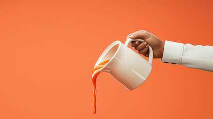 A hand pours carrot orange juice from a jug, isolated on a solid color background, perfect for product and text placement