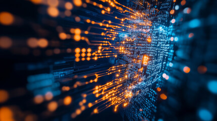 Obraz premium Abstract digital data visualization with glowing circuits and binary code, representing technology and innovation