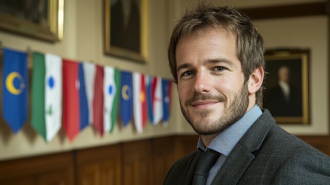 A man with a beard smiles confidently while standing in front of a collection of international flags indoors. The warm ambiance suggests a diplomatic gathering taking place