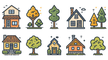 Obraz premium Cozy Cottage & Nature Icons – Rustic Homes and Forest Trees