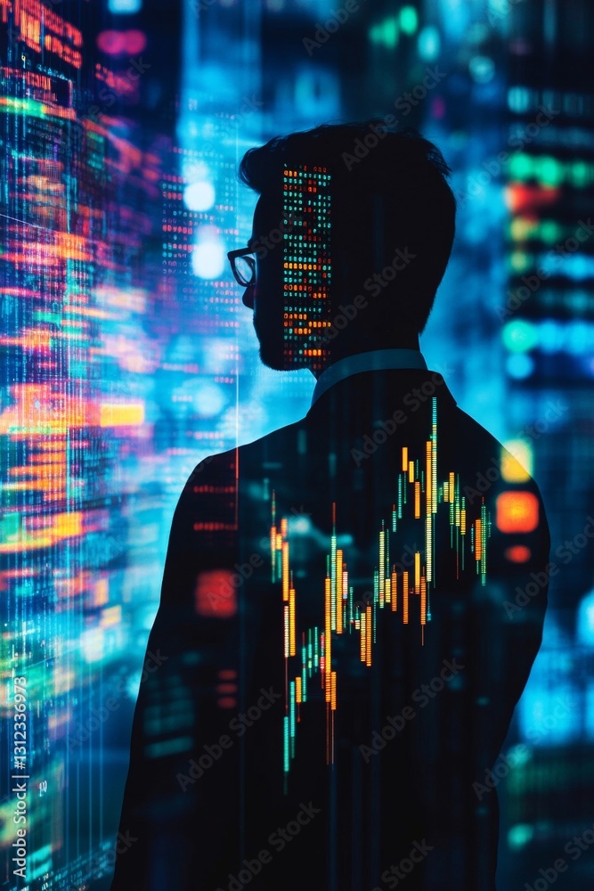 Poster a man is standing in front of a computer screen with a lot of numbers and lines