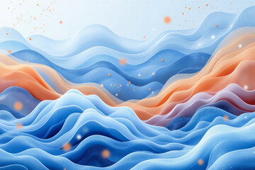 Abstract blue and orange waves with a bright background, the waves are layered on top of each other, there are some orange dots