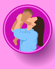 A young mother holds her son with care and love. Happy Mother's Day concept with mom and small boy. Vector illustration. Greeting Card.Breastfeeding illustration, mother feeding a baby with breast 