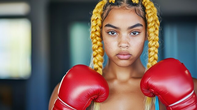 A young female boxer with striking yellow braids and freckles stands in a gym, wearing bright red boxing gloves, exuding determination and confidence as she prepares for training