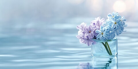Elegant pastel flowers in glass vase with tranquil water background.