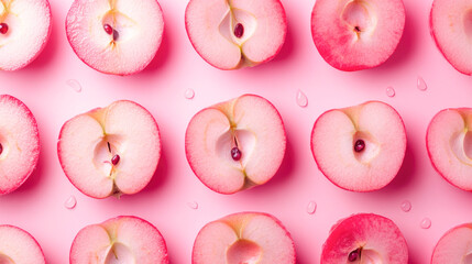 Fresh red apple halves on pink background with water droplets
