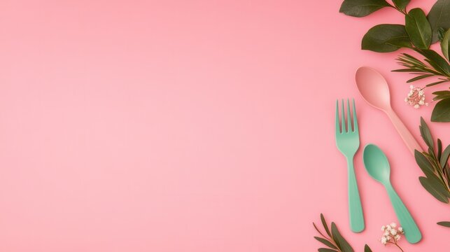 Bright pink background with colorful cutlery and greenery design.