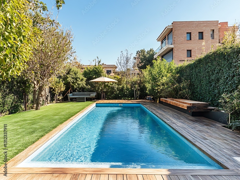 Poster stunning backyard featuring a serene swimming pool surrounded by lovely greenery and trees : generat
