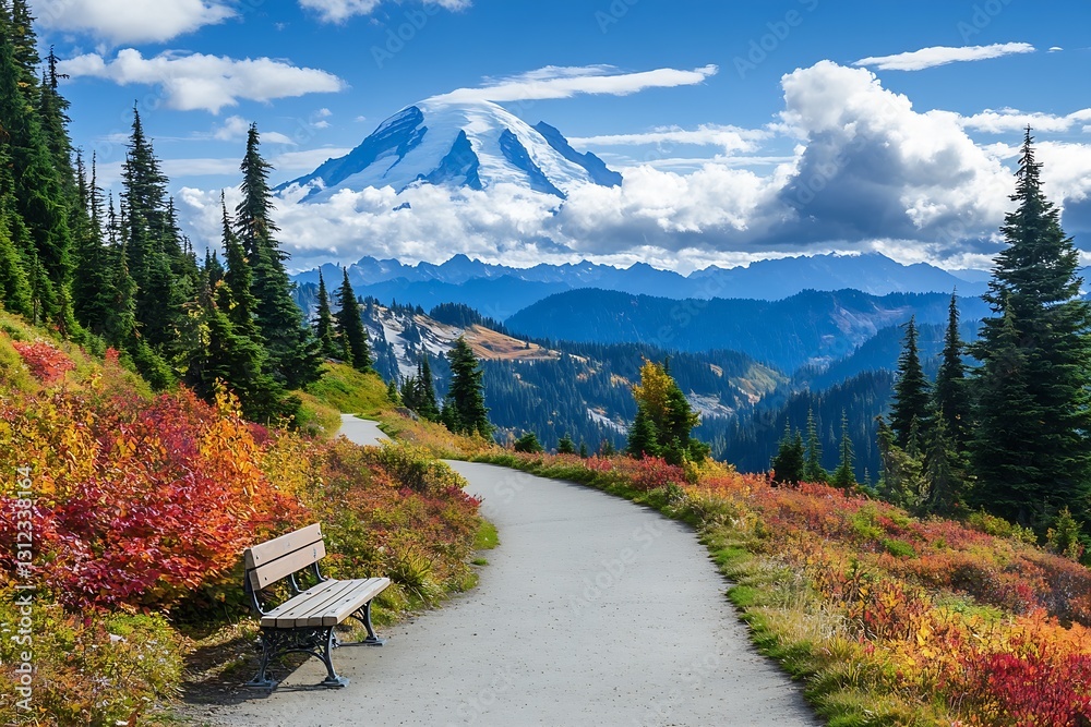 Poster charming road lined with benches and colorful foliage with mountains towering in the distance under 