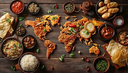 Stylish world map formed from different meals illustrating the global diversity in food culture on wood : Generative AI