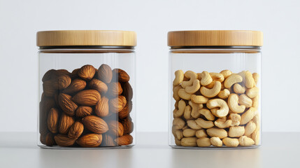 Almonds and cashews in airtight glass jars with wooden lids on a white surface