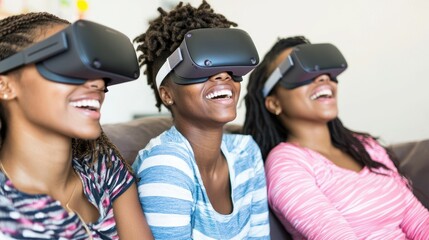 Three friends are wearing virtual reality headsets and laughing, fully immersed in an entertaining activity. They are seated comfortably on a couch during a relaxed afternoon together