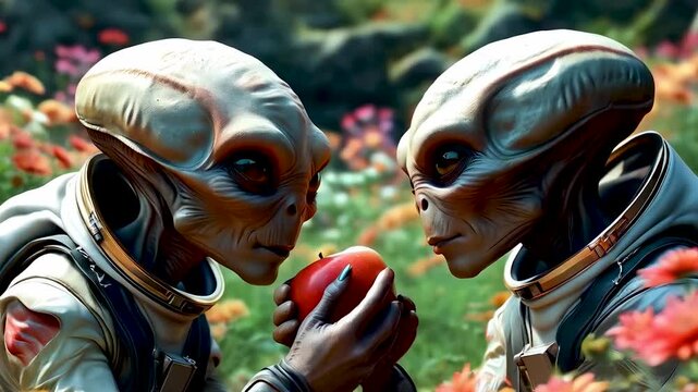 The aliens are surprised to see a delicious apple.