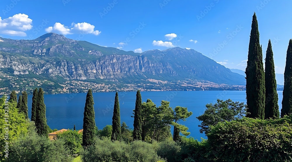 Poster stunning landscape of tall cypress trees lining the lakeshore with mountains in the background : gen