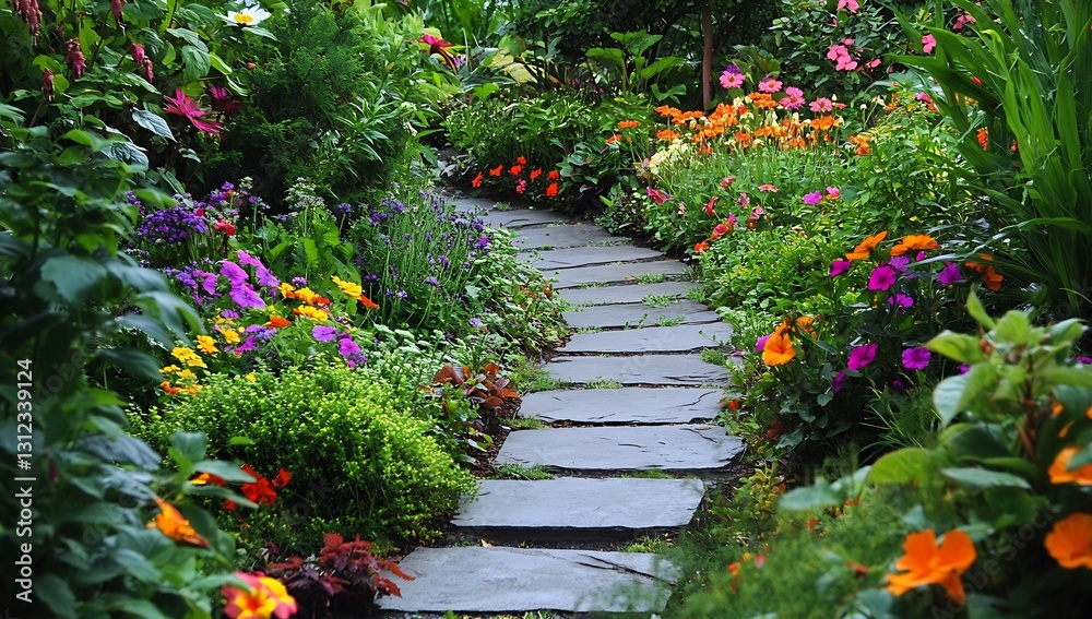 Poster Vibrant flower path showcasing an array of blossoms amidst lush greenery in a tranquil setting : Generative AI