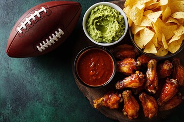 Game day snacks featuring chicken wings with sauces and football for a festive gathering : Generative AI