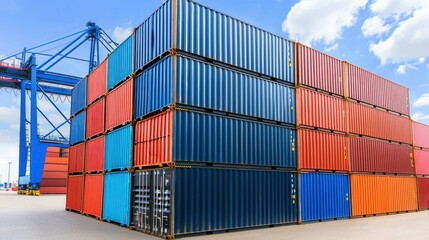 Fototapeta premium Several colorful shipping containers are stacked neatly at a bustling port, under a clear blue sky. Industrial cranes stand ready for loading and unloading activities